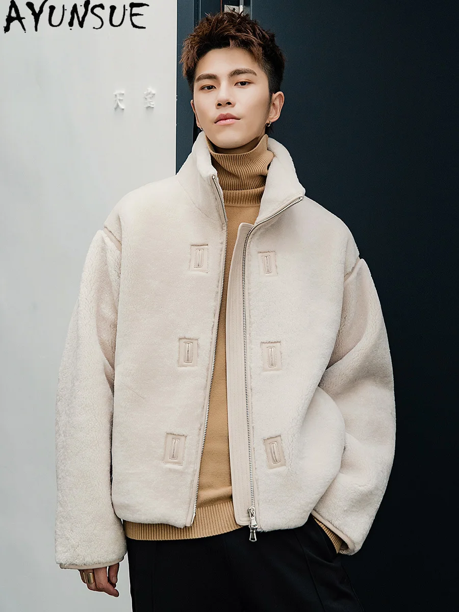 AYUNSUE 천연 메리노 양 Shearling 자켓 남자 2025 가을 겨울 패션 진짜 모피 코트 짧은 오토바이 자켓 스탠드 칼라