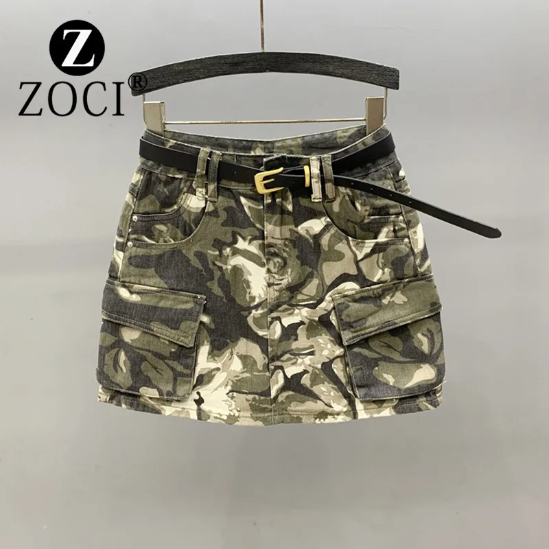 [ZOCI] Colorful Denim Midi Women Summer, Youthful Versatile, Stylish, High Waisted A-line Short Skirt