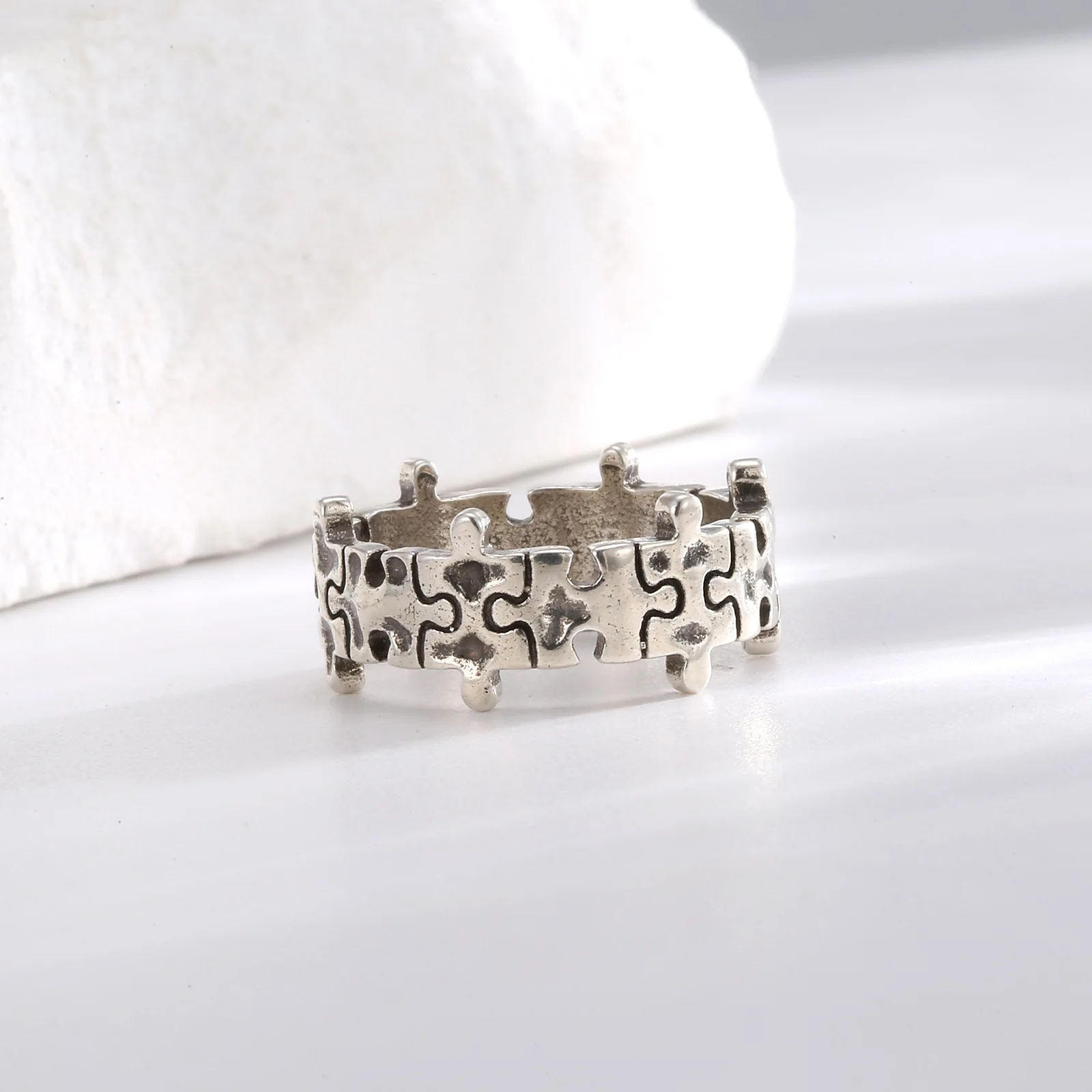 Japan and South Korea Style Retro Silver Color Jigsaw Open Ring UNISEX Fun Daily Versatile Exquisite Jewelry Fashion Ring Gifts