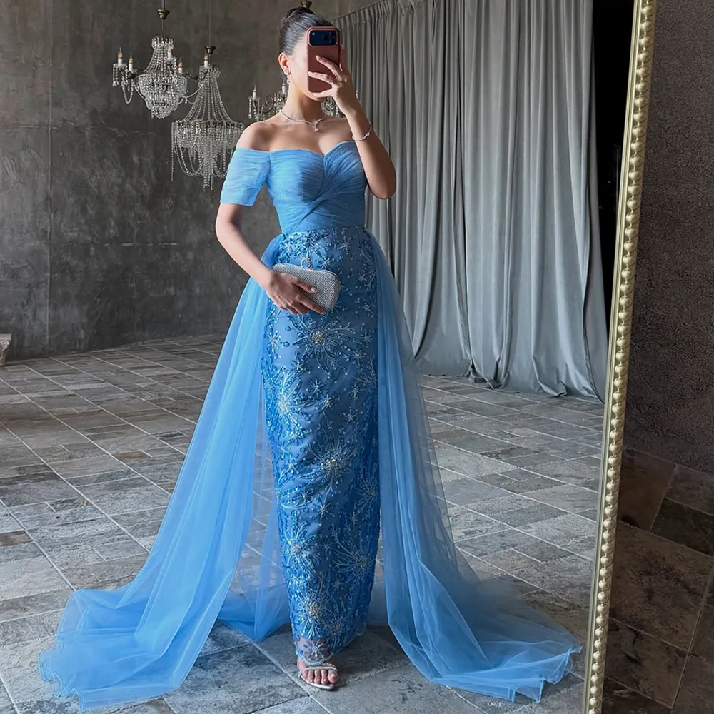 

Luxury Blue Tulle Evening Dress Customized Off the Shoulder Homecoming Dresses Beading Zipper Back Special Occasion Gowns