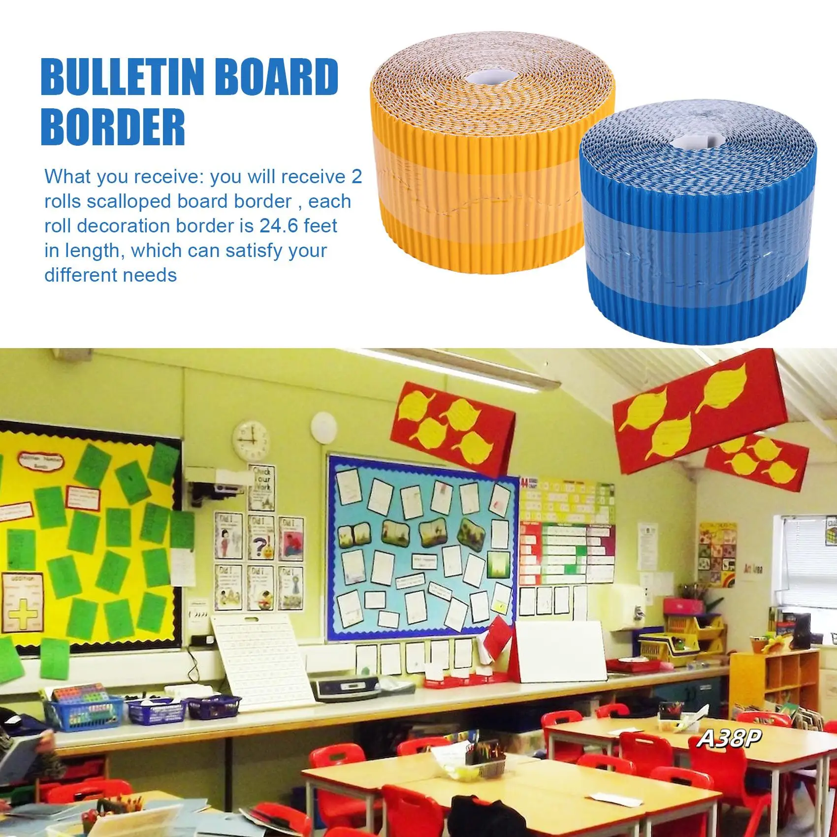 

2 Rolls Bulletin Board Borders Scalloped Border Decoration Background Paper For Decorative Borders (Yellow And Blue)