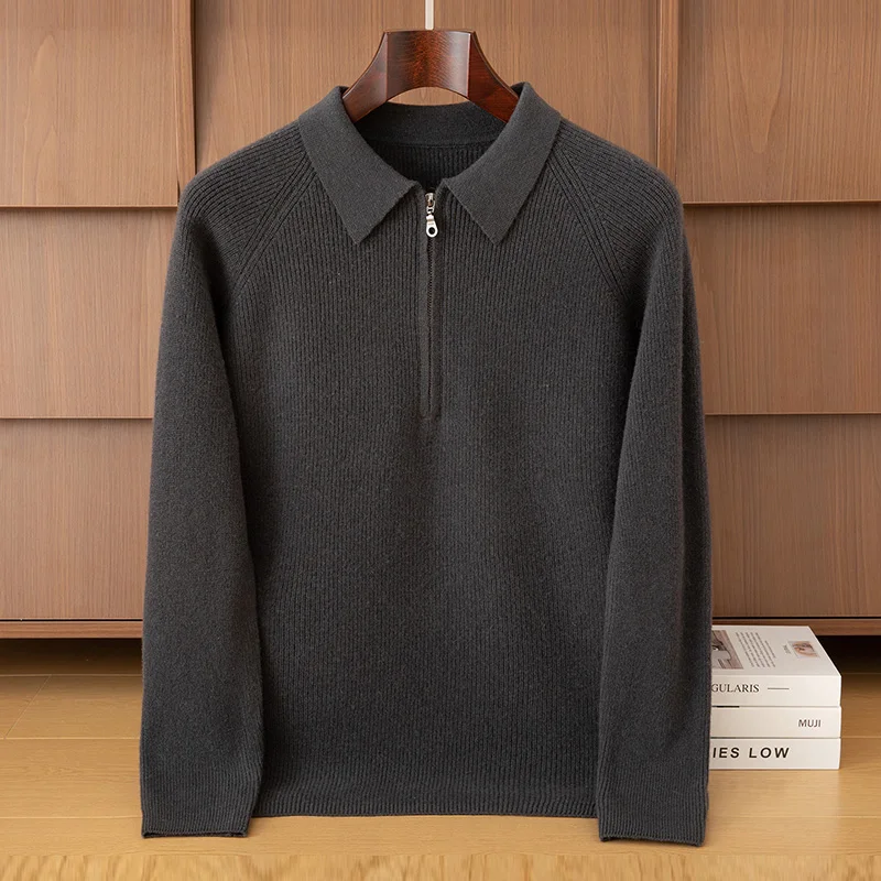 Fall/Winter 100% Pure Wool Men's Lapel Pullover Sweater Business Knitting Casual Bottoming Cashmere Sweater Top