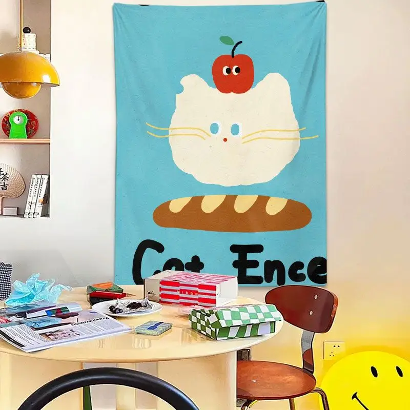 VIKAMA Cat Dessert Tapestry Black Cat Embroidery Cartoon Wall Hanging Bedroom Living Room Aesthetic Decor Polyester Backdrop