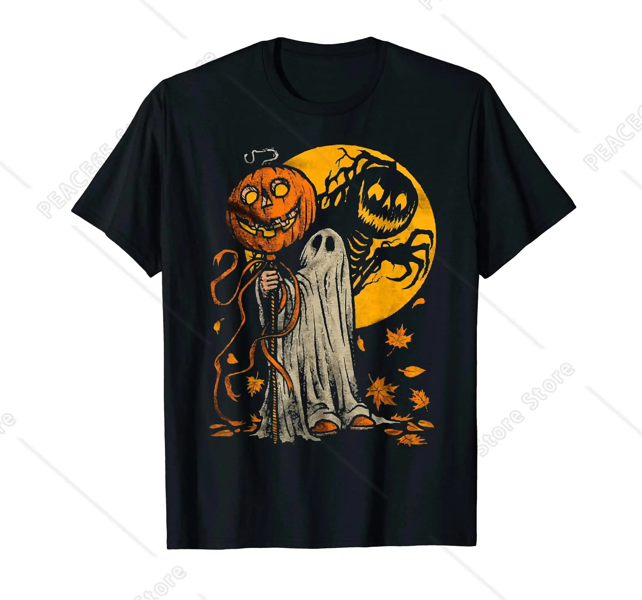 

Halloween Pumpkin Ghost Autumn Leaves Graphic Art T-Shirt For Men Women Cotton Anime Manga Pattern Tee