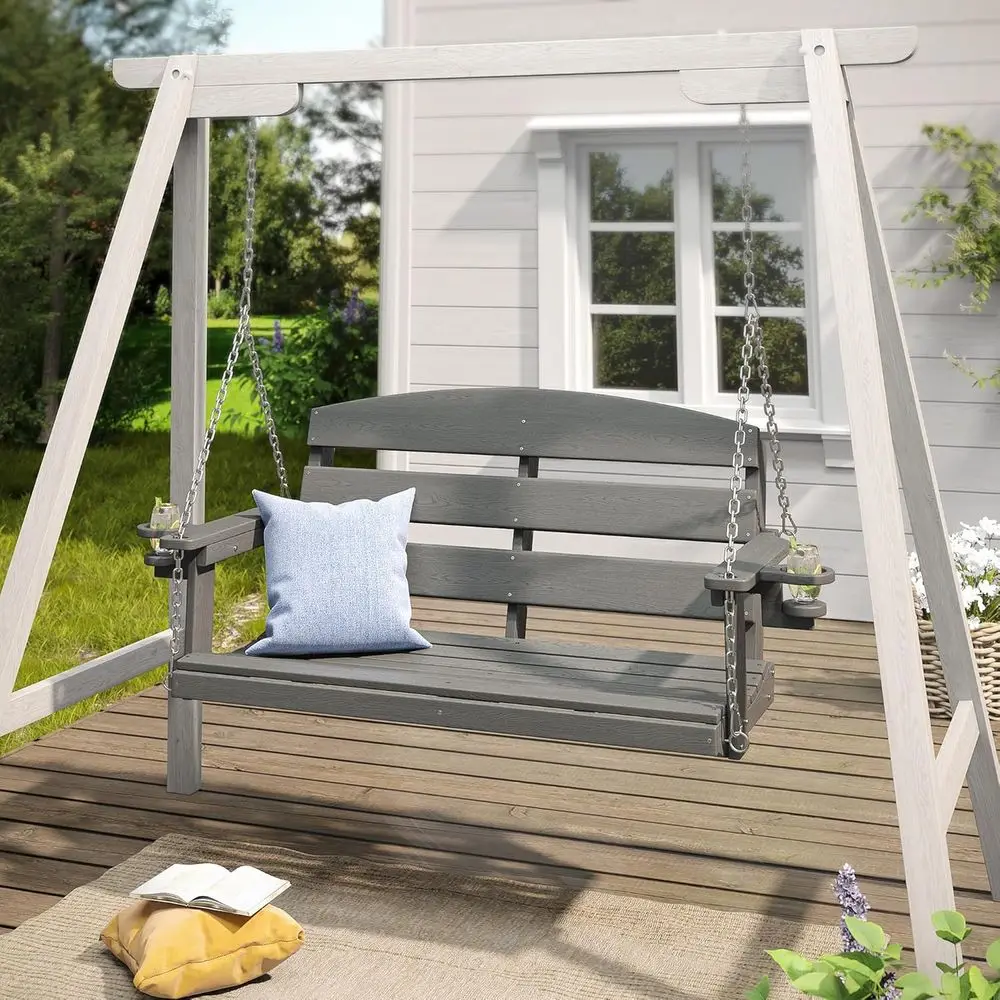

Double Seat Outdoor Patio Swing with Cup Holders, Durable HDPE Material, 600 lbs Capacity, Grey