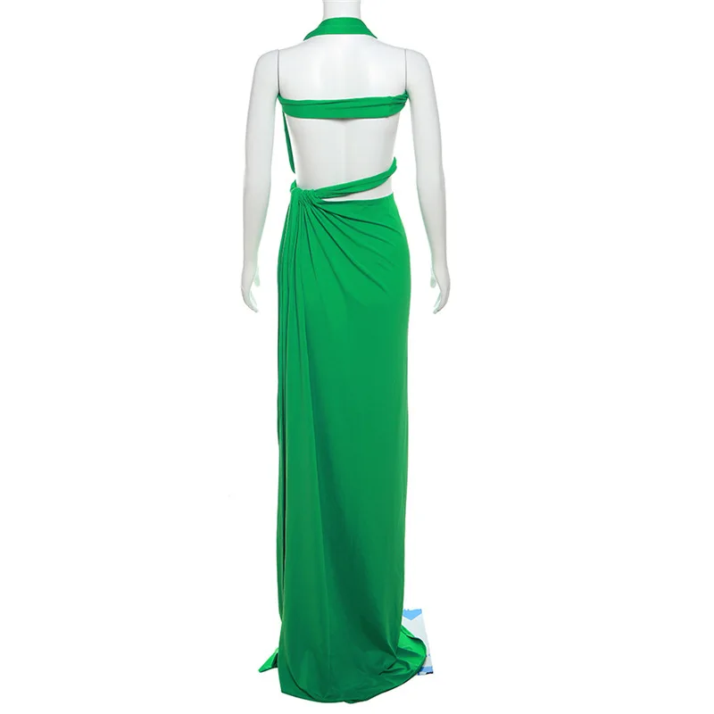 Fashionable Green Ribbon Floor Mopping Party Dress Sexy Hanging Neck Hollow Prom Gown Backless Split Vacation Evening Robes