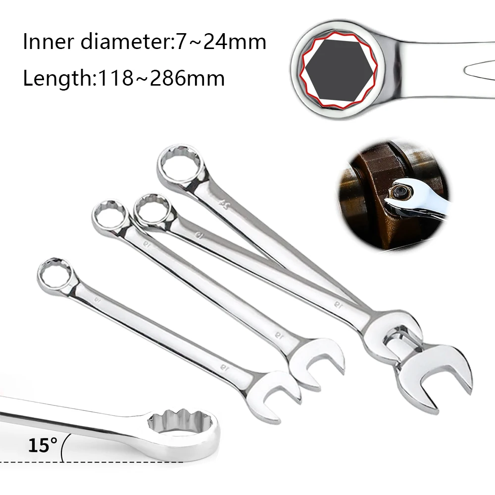 Open-Ended Plum Blossom Ring Combination Wrench 7 - 24mm, Metric Hand Tool for Automotive Hardware Repair
