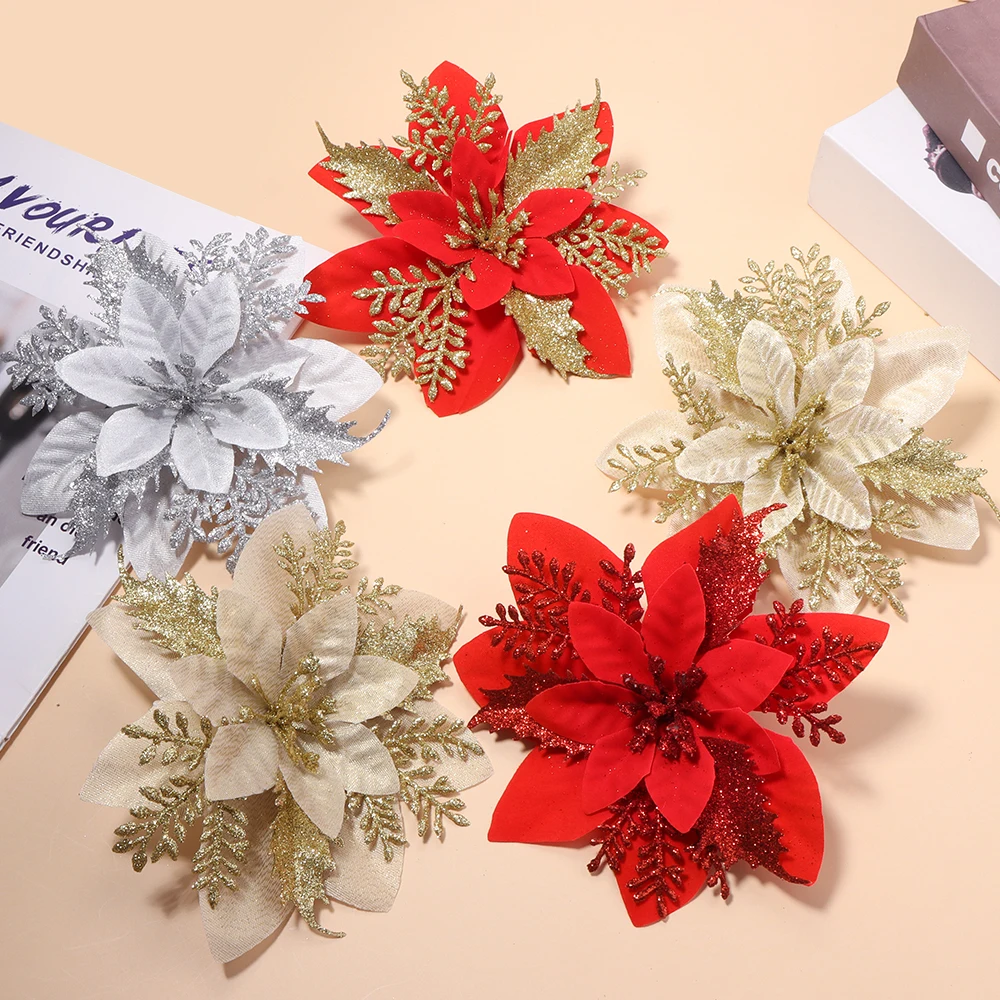 4/8 Stück Rot Gold Silber Weihnachtsblumen-Ornamente Glitzernde Kunstblumen für Weihnachtsbaum, Weihnachten, Neujahrsparty-Dekoration – Detail 5