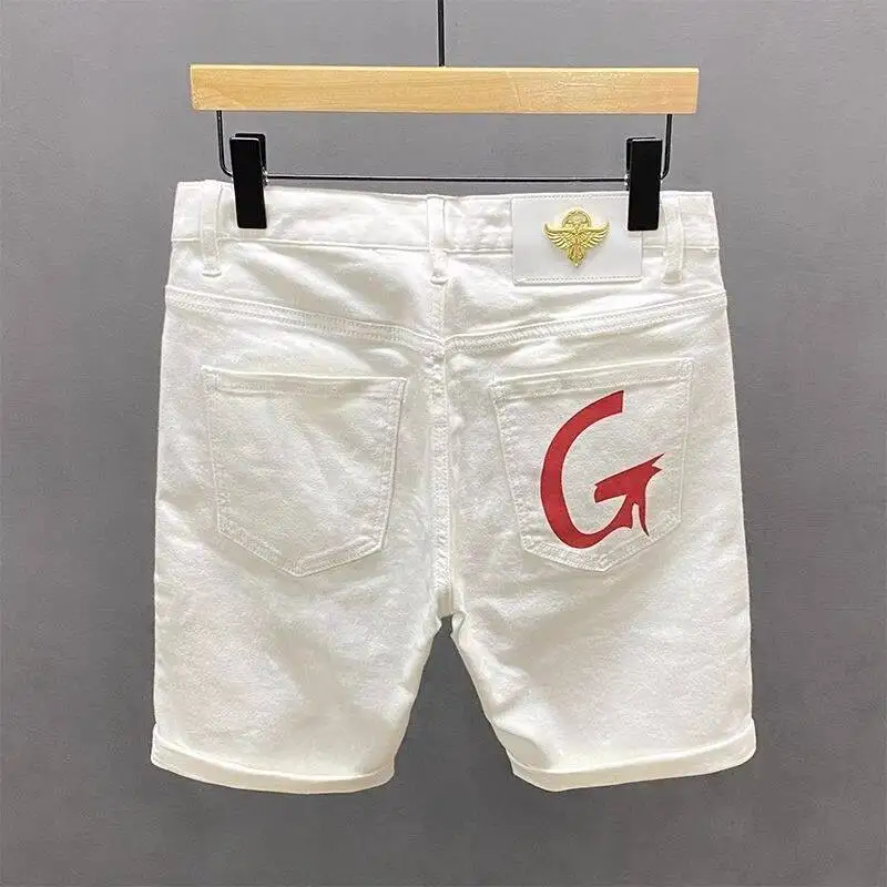 Summer Men's White Five-Point Casual Cotton Stretch Denim Shorts Trendy Korean Style Slim Fit mid Waist Straight Leg Jeans