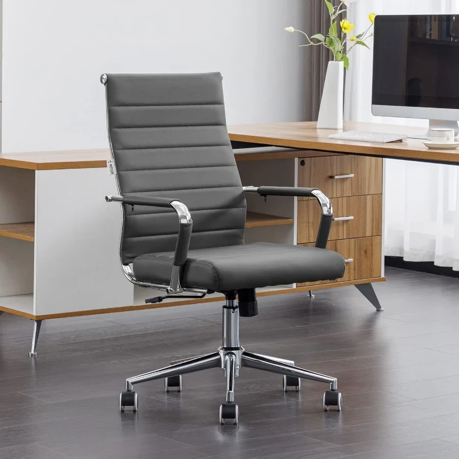 Ergonomic Office Desk Chair Modern PU Leather Conference Room Chairs Ribbed High Back Executive Swivel Rolling Chair for Home O