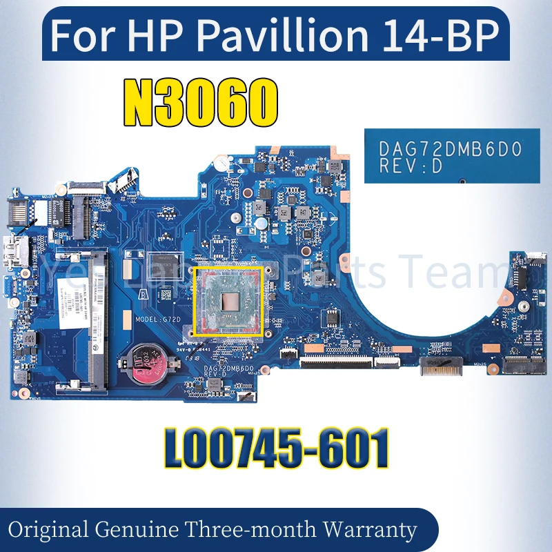 DAG72DMB6D0 For HP Pavillion 14-BP Laptop Mainboard L00745-601 SR2KN N3060 Notebook Motherboard