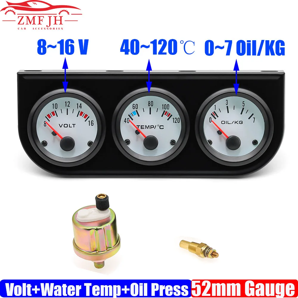 3IN1 Car Triple Meter Indicator 52mm Voltage+Water Temperature Meter+Oil Pressure Gauge with Sensor for Gasoline Car 12V Custom
