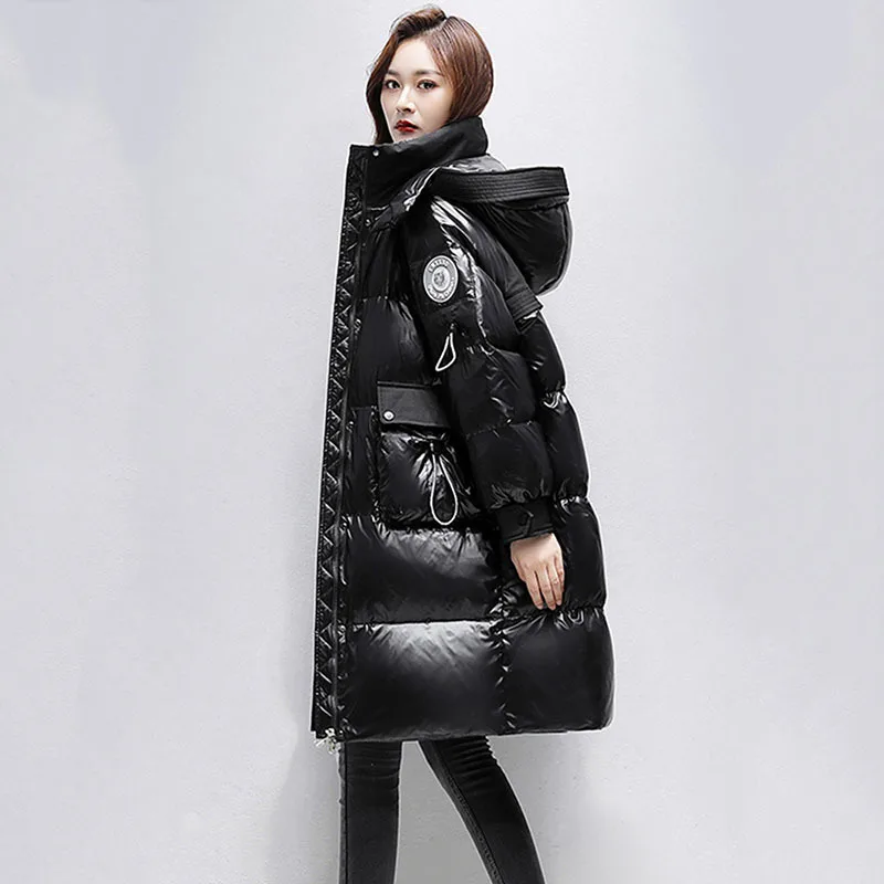 

Glossy Down Jacket Women 2024 Winter New Thicken Parkas Korean Loose Hooded 90White duck down Coats Warm Long Parka Overcoat