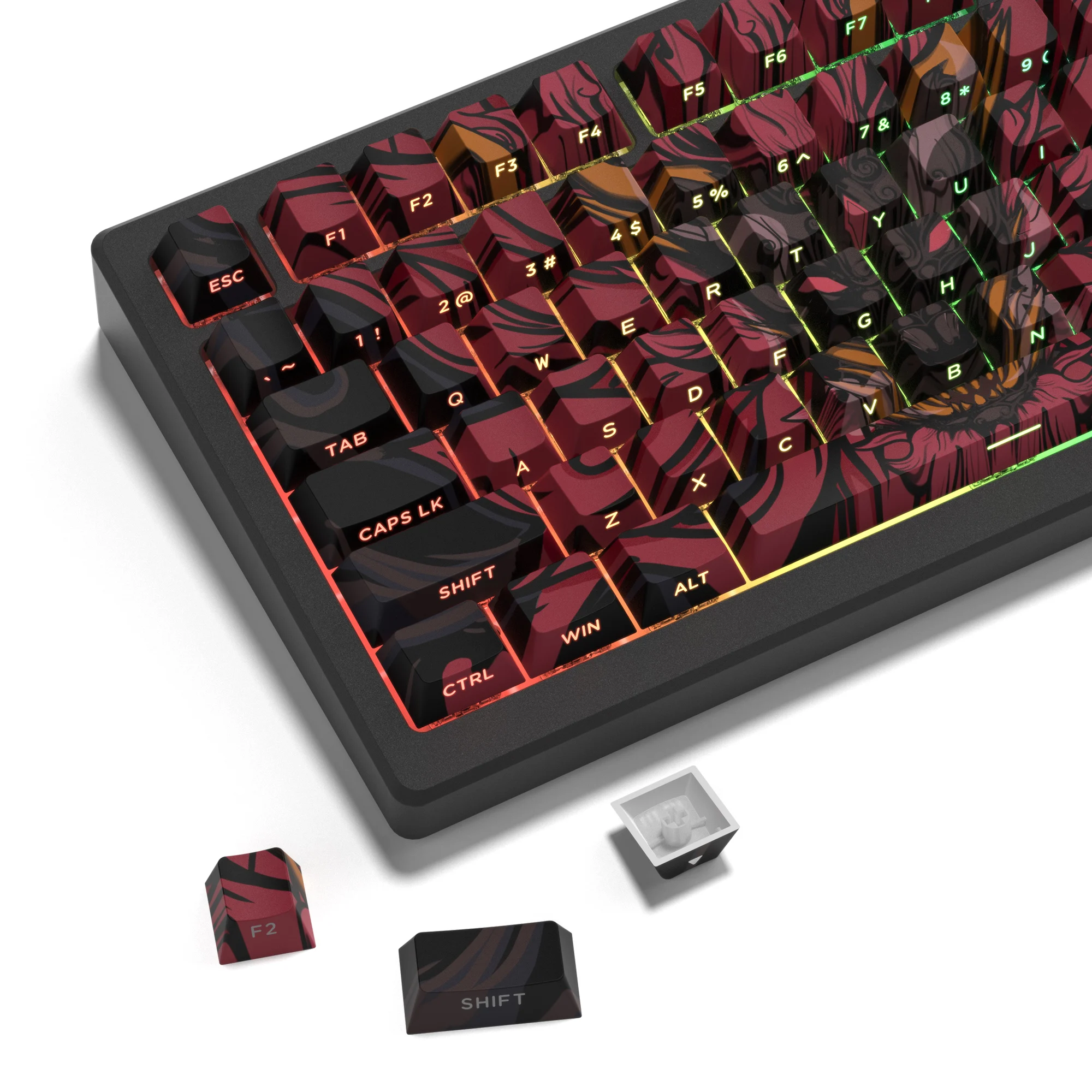 130 kunci tema Loong merah tua Dye Sub PBT Keycap profil Cherry bersinar melalui Keycaps untuk MX switch Keyboard Gaming