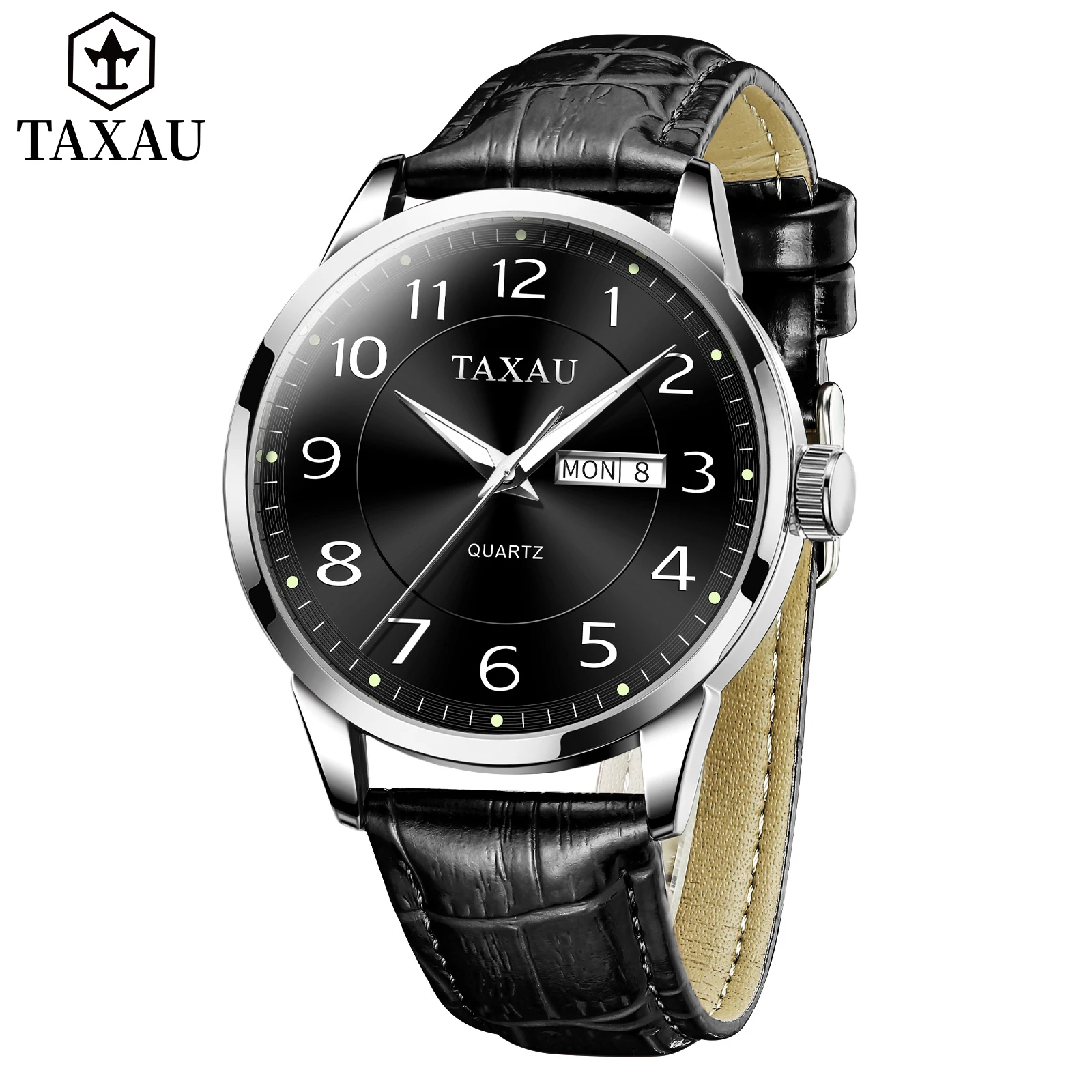 TAXAU Fashion Business Watch for Men Dual Calendar Waterproof Men\'s Watches Leather Strap Luxury Top Brand Man Quartz Wristwatch