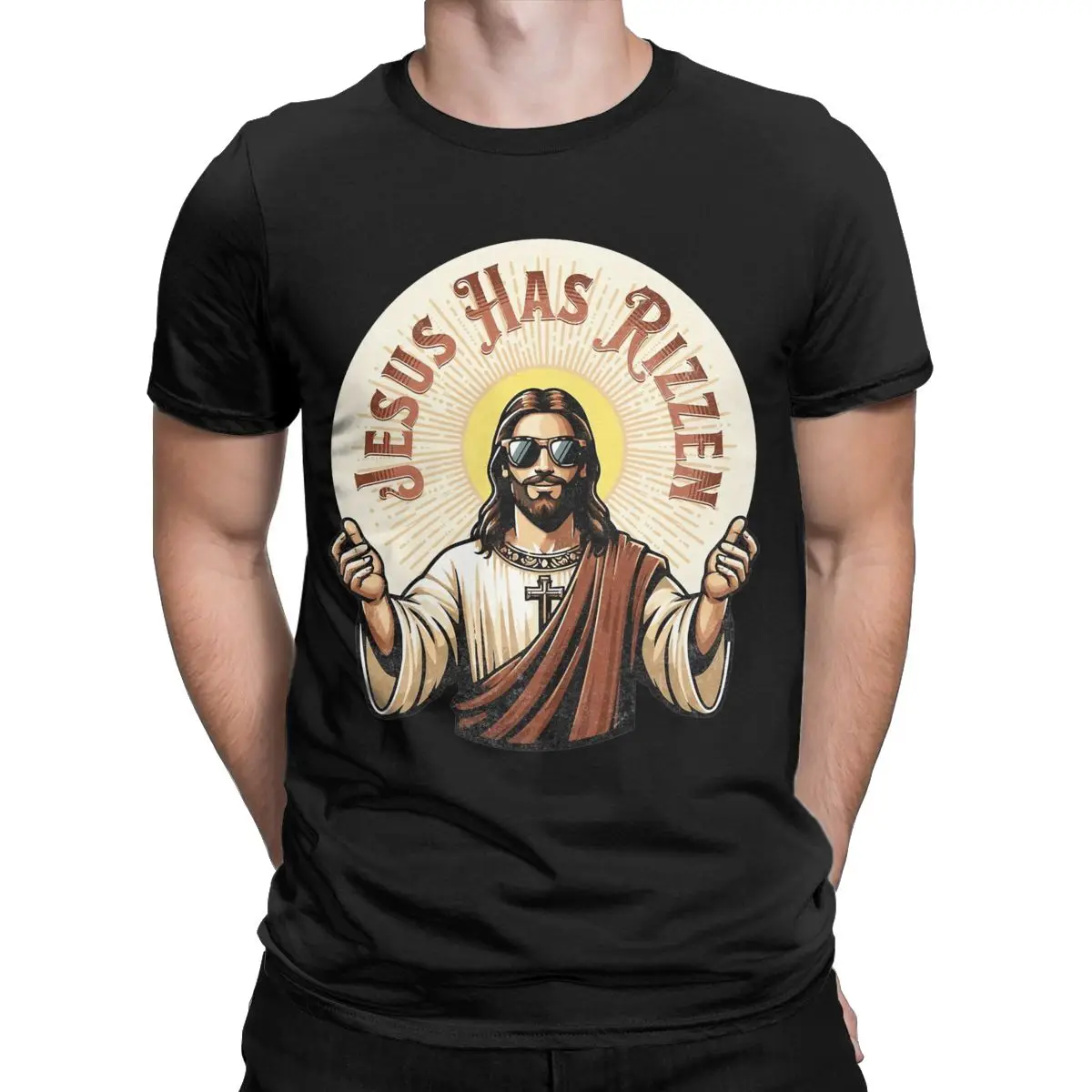 Jesus Has Rizzen T-Shirts Men Humor Pure Cotton Tee Shirt Crewneck Short Sleeve T Shirt Original Clothes