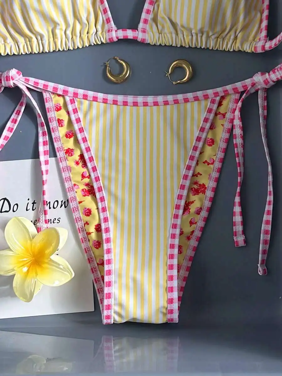 

Women Summer Beach Halter Tie Bikini Set With Striped And Floral Print