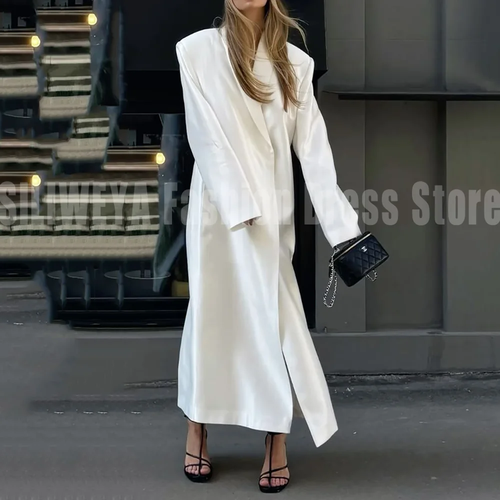 Luxury White Satin Solid Color Long Blazer 1 Piece Women Fashion Coat High Quality Lady Office Smart Casual Jacket 2026 Spring