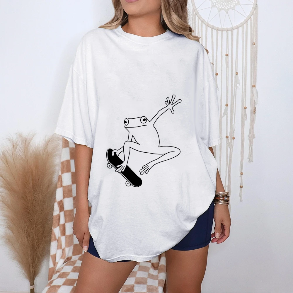 

Новинка 2025, женская футболка большого размера с лягушкой для скейтбординга Y2k - высококачественный хлопковый летний топ с острым амфибием, свободный крой в стиле Y2k