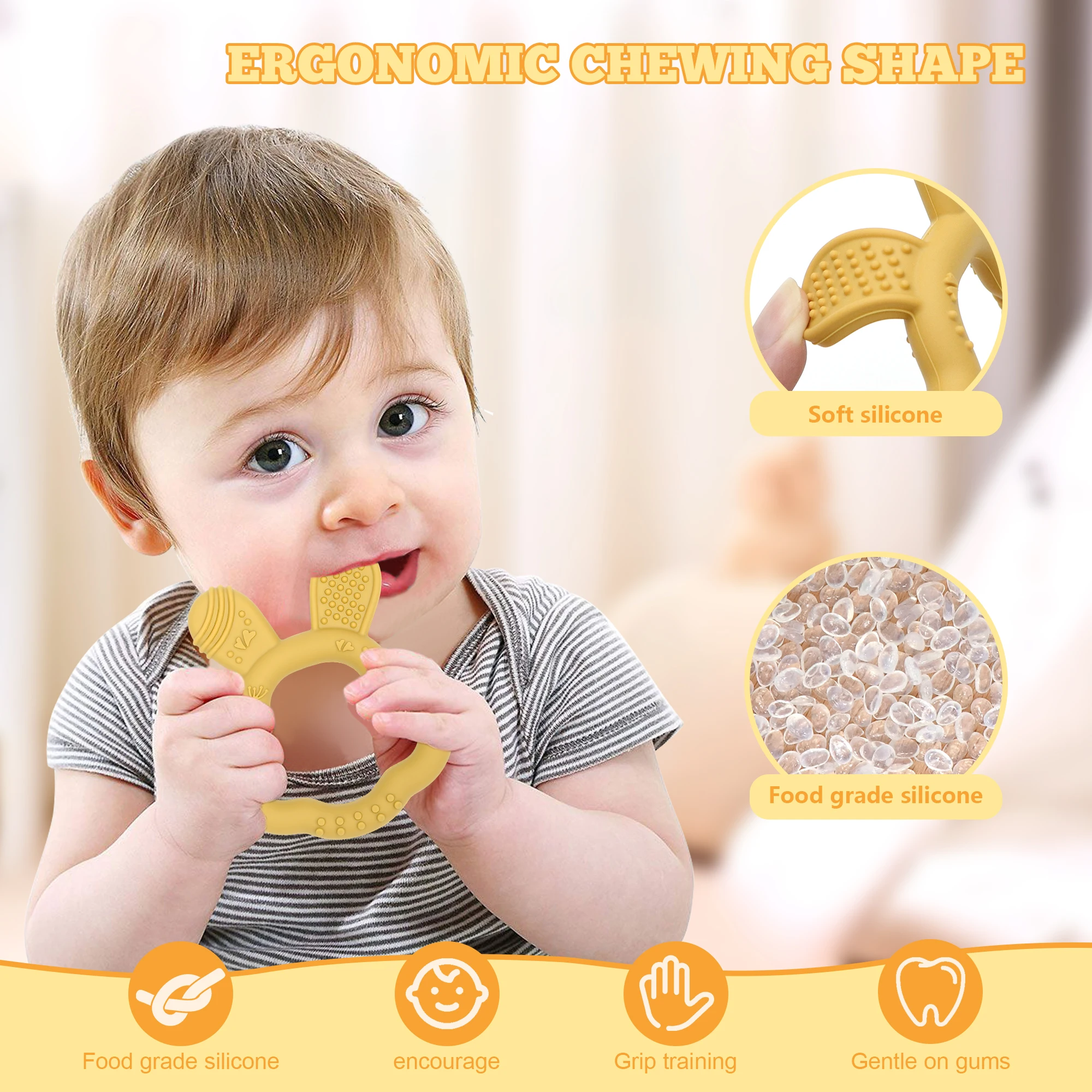 Zabawka do gryzienia dla niemowląt w kształcie króliczych uszu, miękka silikonowa zabawka do gryzienia dla niemowląt, idealny prezent dla noworodków, silikon spożywczy, zabawka wspomagająca rozwój sensoryczny.