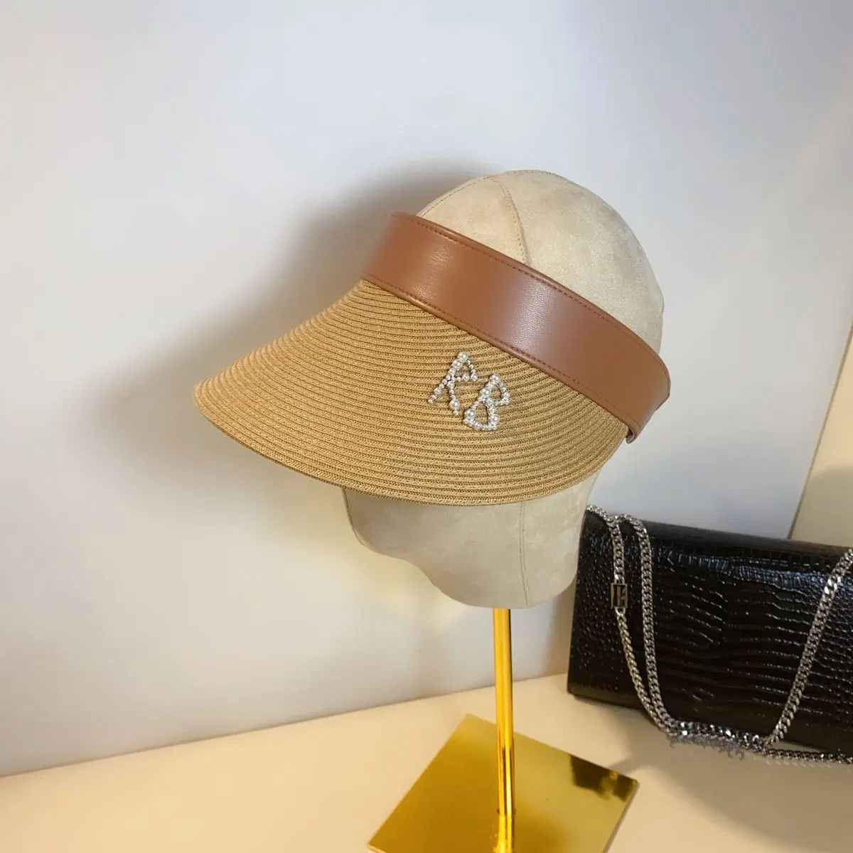 Summer Sun Hats For Women Fashion PU Leather Patchwork RB Empty Top Cap Elegant Ladys Visor UV Sun Protection Sunshade Straw Hat