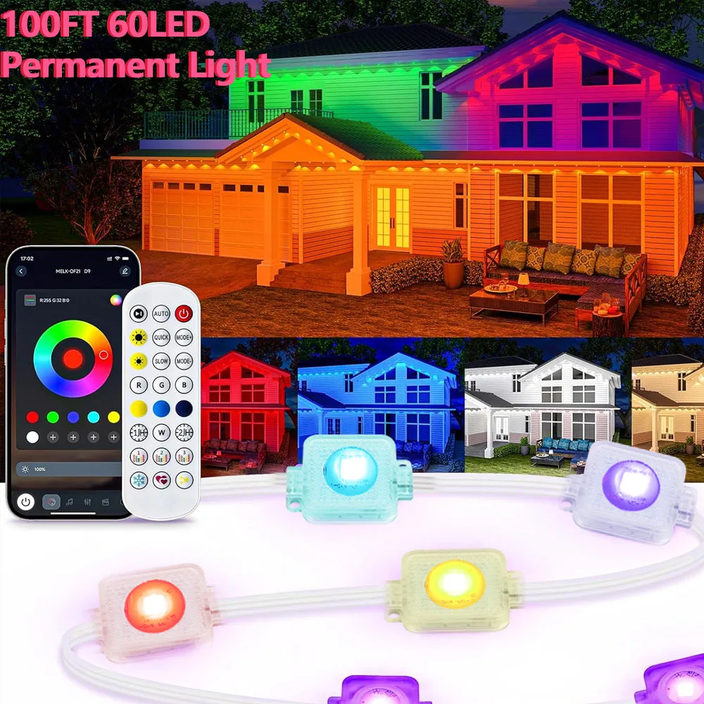 100FT 60LED Gronda RGB Stringa di luce Bluetooth Permanente Illuminazione esterna Luci Timer musicale IP65 Stringa impermeabile Festa