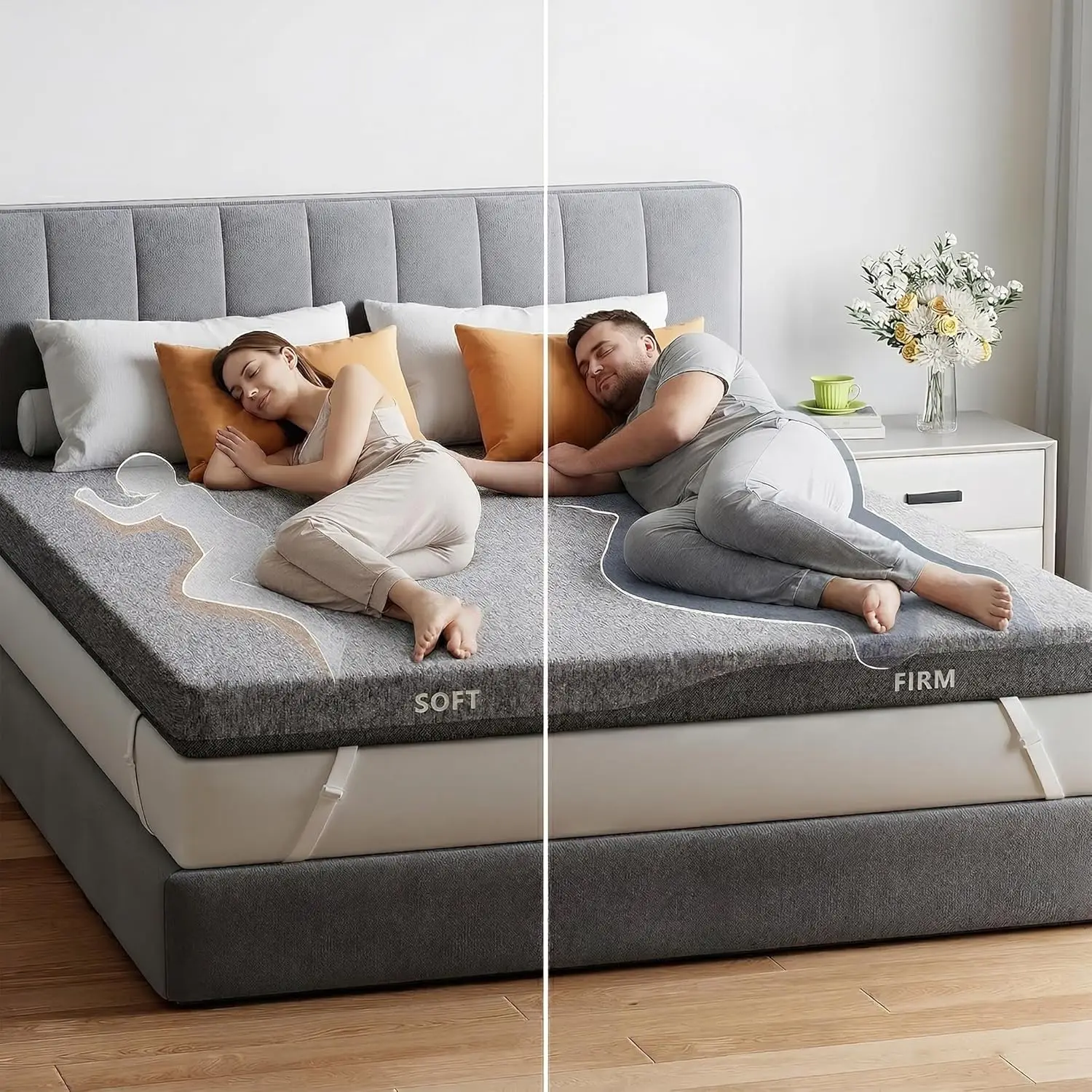 

3-Inch Dual Firmness Mattress Topper King with Split Zones, CertiPUR-US Foam for Back Pain Relief, Non-Slip & Removable