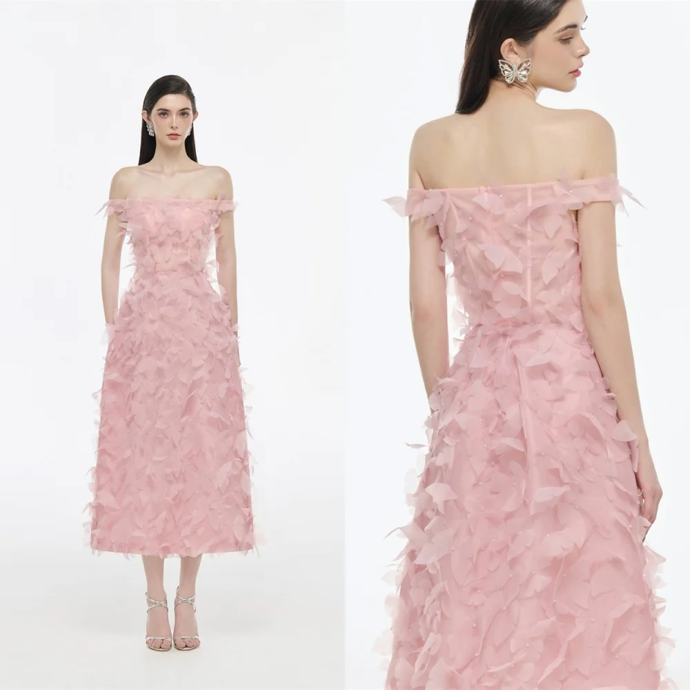 

Customized Exquisite pink Jersey Evening Dress Formal Strapless Off the Shoulder Zipper Back Feathers Bespoke Occasion Gowns