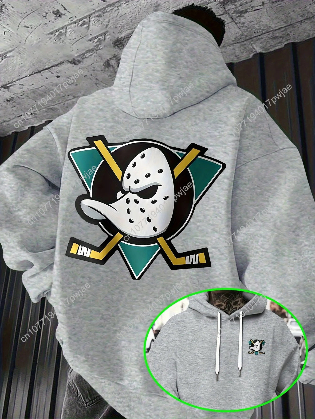 Moletom masculino moderno estilo rua com capuz com máscara de hóquei e estampa de bastão |   Casual, ajuste solto, tecido leve elástico, ideal f