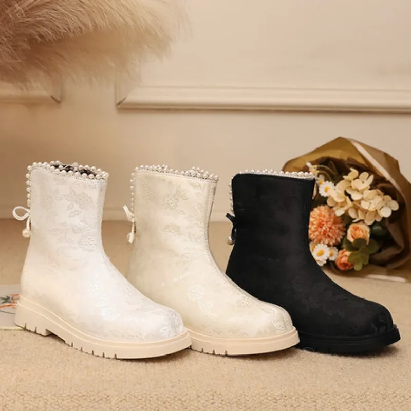 أحذية نسائية قصيرة مطرزة أحذية قطنية بمقدمة مستديرة ملابس يومية نعل مطاطي شتوي نمط زهور نمط عرقي نسائي #5