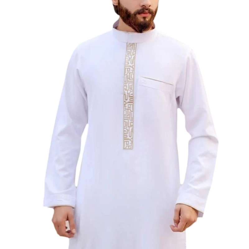 Mens Long Sleeve Kaftan Arab Robe Stand Collar Muslim Robe Crew Neck Arab Robe Islamic Robe Muslim Ethnic Clothing Robe