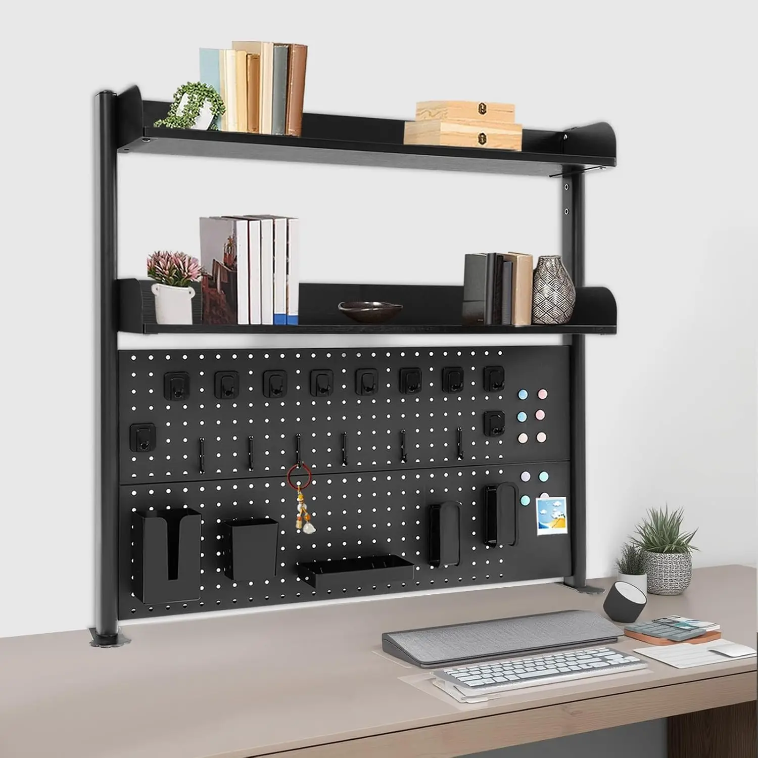 2-stöckiges Schreibtischregal zum Anklemmen, Schreibtisch-Bücherregal, Schreibtisch-Organizer zum Anklemmen an die Arbeitsplatte, Clip-On-Bücherregal für Schlafzimmer, Büro (Schwarz, 100 x 95 x 12,5