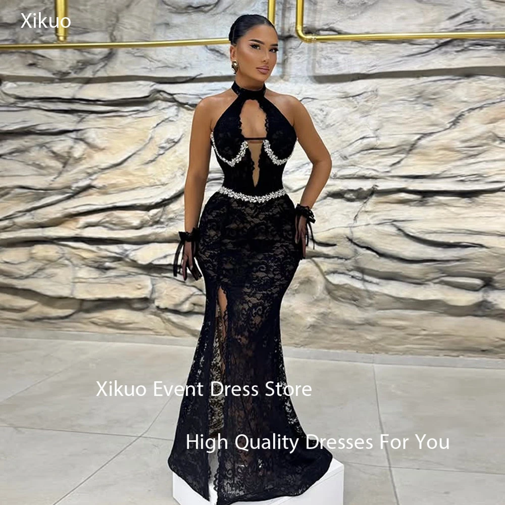 Xikuo Graceful Black Lace Evening Dresses Mermaid Crystal Pleated Party Gowns Appliques High Side Slit Robe De Soirée Customized