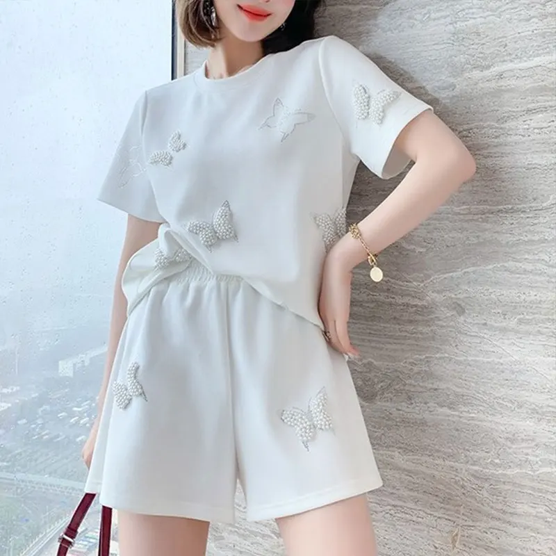 Elegant Fashion Harajuku Slim Fit Female Clothes Sets Loose Casual All Match Solid Short Sleeve Tshirts High Waist Sports Pants