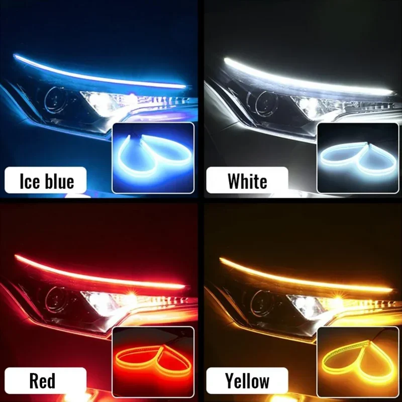 2Pcs Ultrafine Cars DRL LED Daytime Running Lights White Turn Signal Yellow Guide Strip for Headlight Assembly