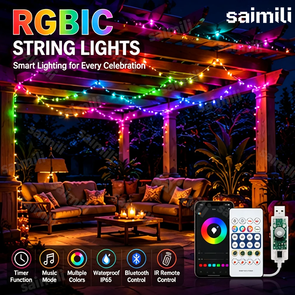 WS2812B RGBIC Pixel String Lights USB 5V Bluetooth APP Control Music Sync IP65 For Christmas Tree Holiday Party Home Decor