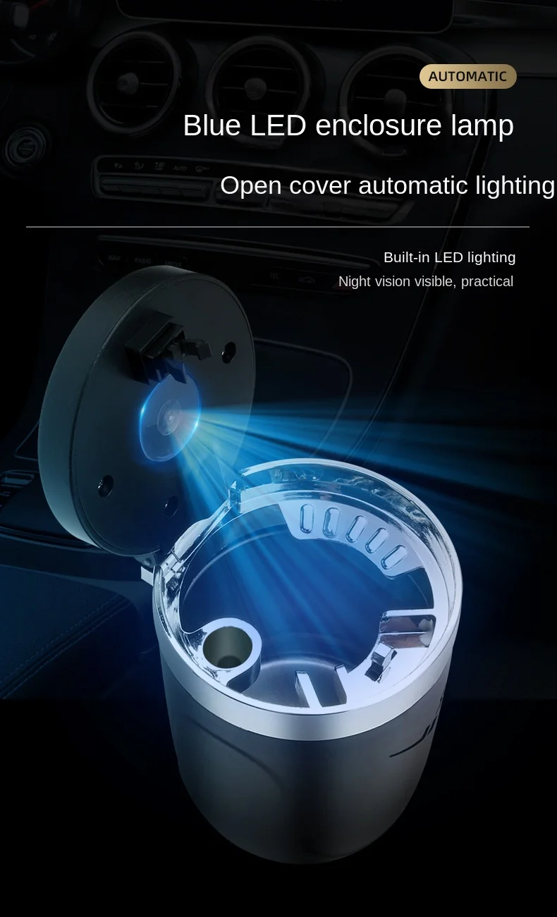 One Click Opening of Car Ashtray with Metal Lining and LED Light Push Type Splash Proof Light, Car Ashtray, Automotive Supplies