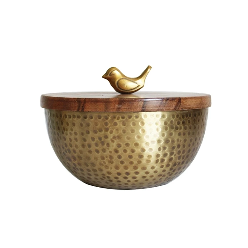 

Fruit plate Chinese high-grade all-pure copper with wooden cover Bird storage plate with lid decorative brass ornament