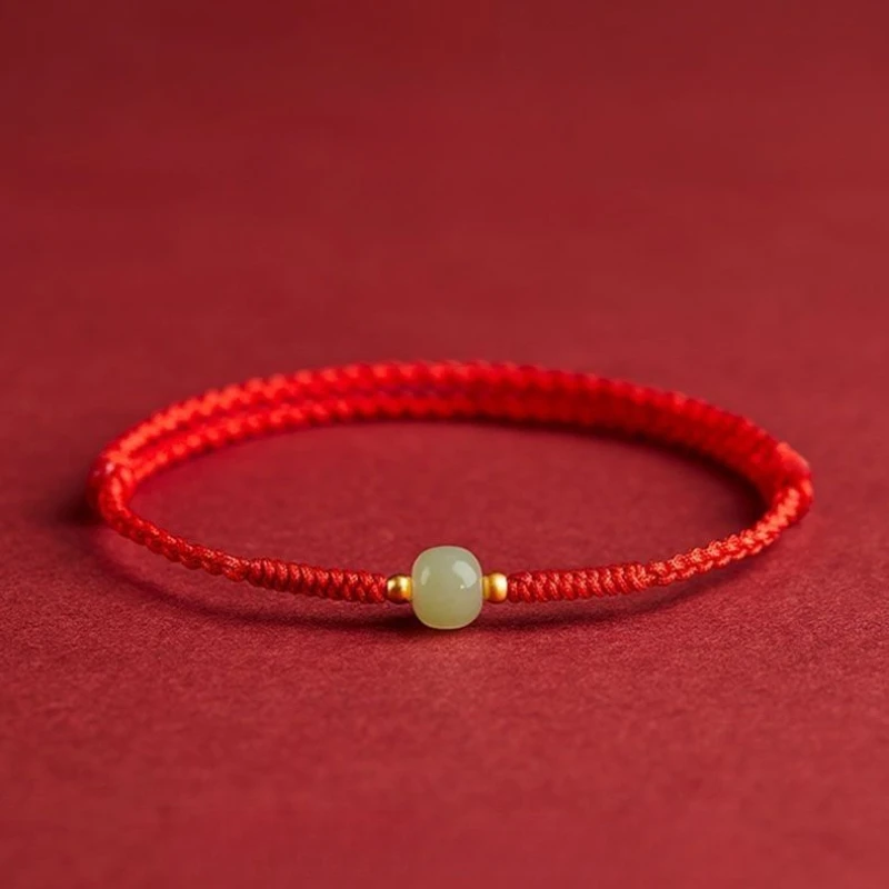 

Animal Year Lucky Bead Red Rope Bracelet Hand-Knitted Anklets Female Hetian Jade Lucky Red Hand Strap Gift for the Year of Birth