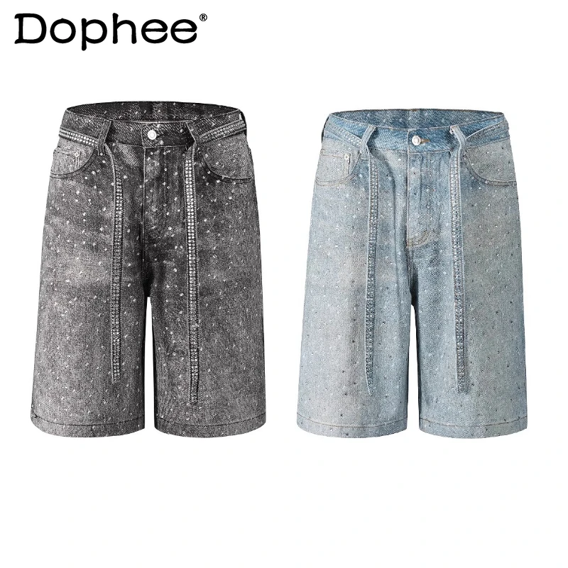 

High-end Hot Diamond Rhinestone Ribbon Denim Shorts Men Women 2025 Spring Summer New Fashion High Street Niche Five-point Pants