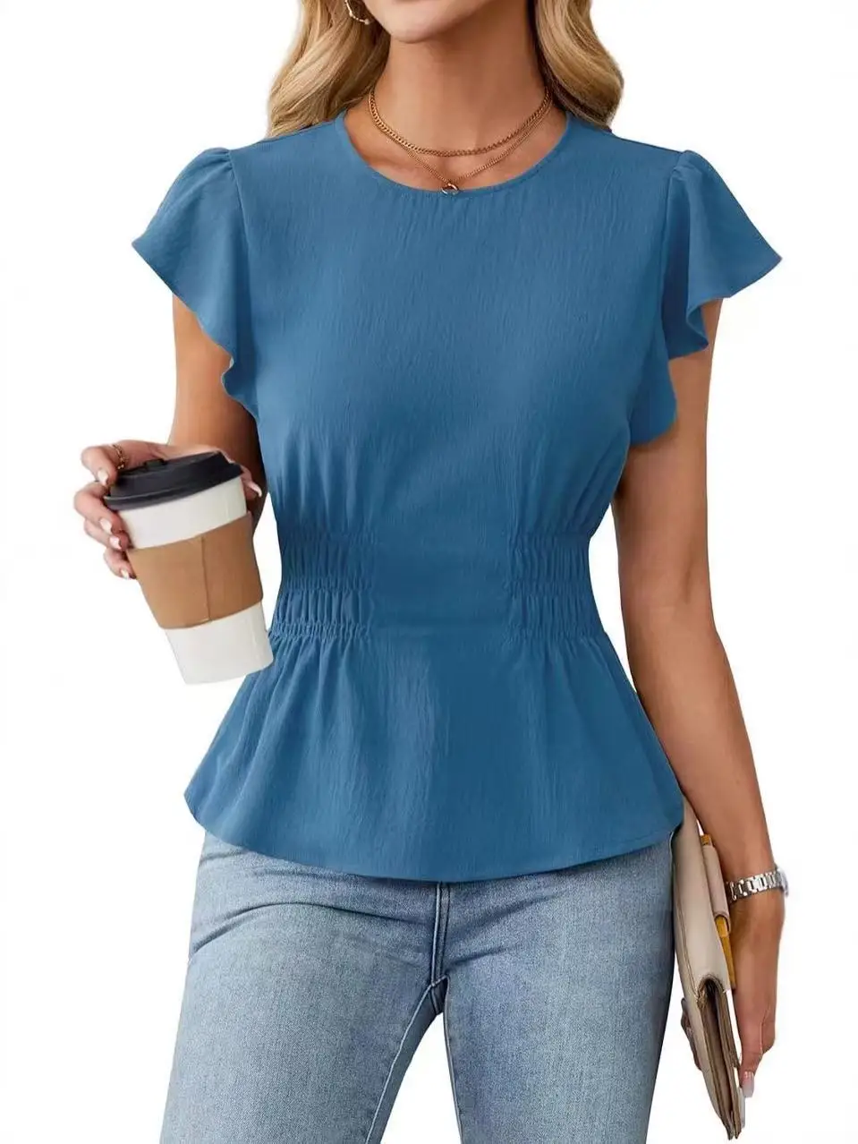 Women Ruffle Short Sleeve Blouse Round Neck Elastic Waist Peplum Tops Casual Solid Color Slim Fit Shirt view 2