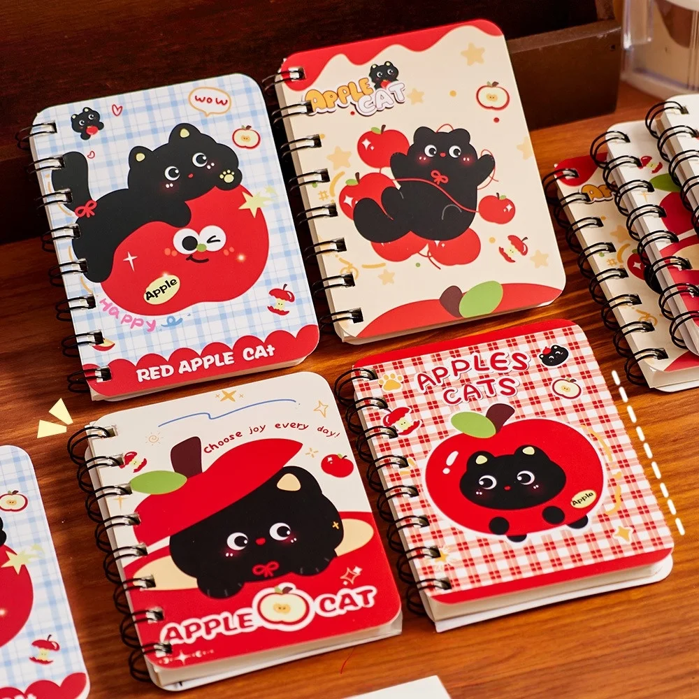 Cartoon Apple Cat A7 Spiral Notebook Cute High-Aesthetic Pocket Notepad for Students Portable Coil Journal School Stationery