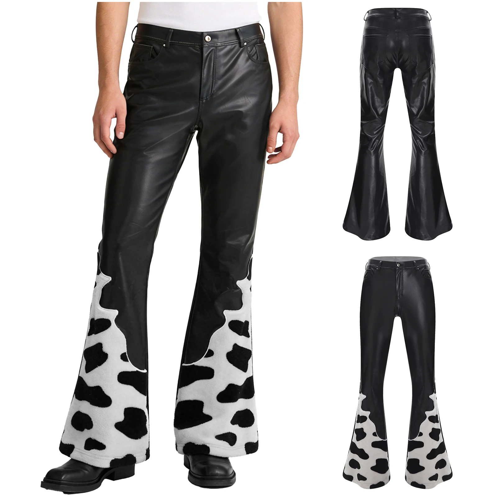 

Mens Cowboy Faux Leather Flaerd Pants Cow Spot Print Patchwork Bell Bottoms Western Cowboy Cosplay Vintage Riding Trousers