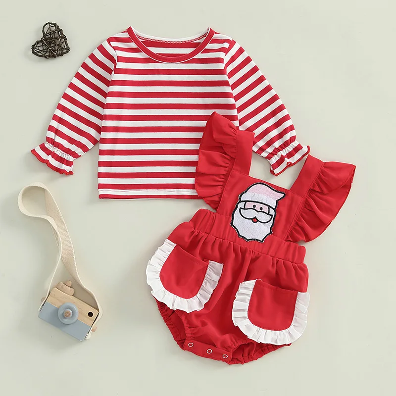 Baby Girl Christmas Outfits Stripe Long Sleeve Tops Santa Embroidery Suspender Rompers 2Pcs Clothes Set