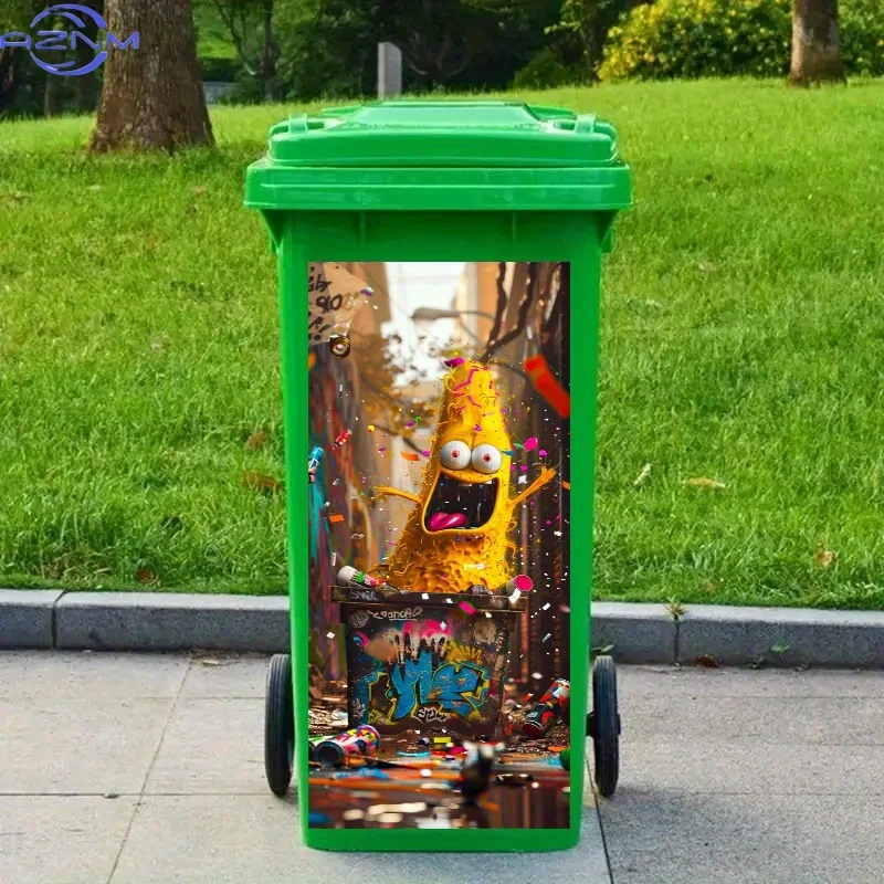 Trash Can Sticker - Yellow Goofy Monster Pattern, PVC Self-Adhesive Decal for Plastic Surfaces, Fun Kitchen Wall & Trash Bin D view 5