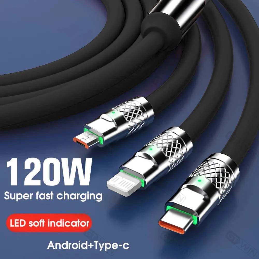 3 In 1 120W Fast Charging Cable Cord For iPhone Huawei poco 6A USB Type C Charger Data Cable Multi Port Micro Usb Charging Wire