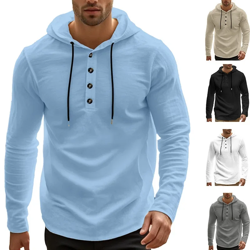 

2025 New Men's T-Shirts Spring Summer Hooded Cotton Linen Tops for Men Soft Loose Henley Shirt Casual Button Long Sleeve Shirts
