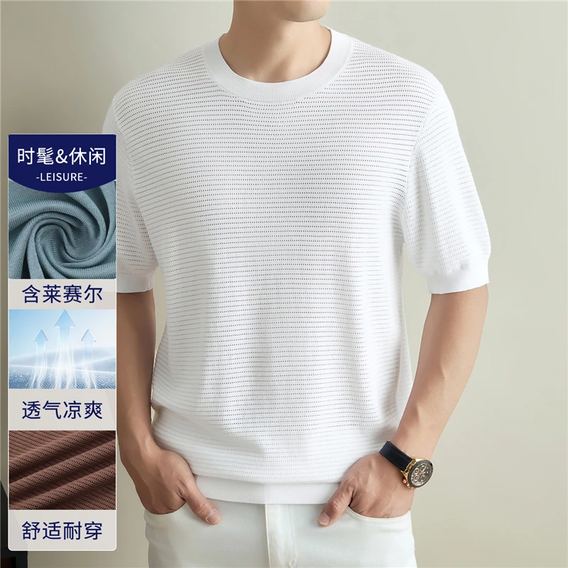 89.6% Lyocell Kniting Clothes Men 2026 Spring Summer Breathable Knitwear Trendy Hollow Round Neck Knit Tops Pullover Shirts