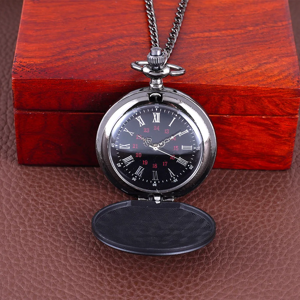 Vintage Luxury Smooth & Matte Black Case Quartz Pocket Watch for Men Roman Numeral Fob Chain Necklace Pendant Clock for Gifts