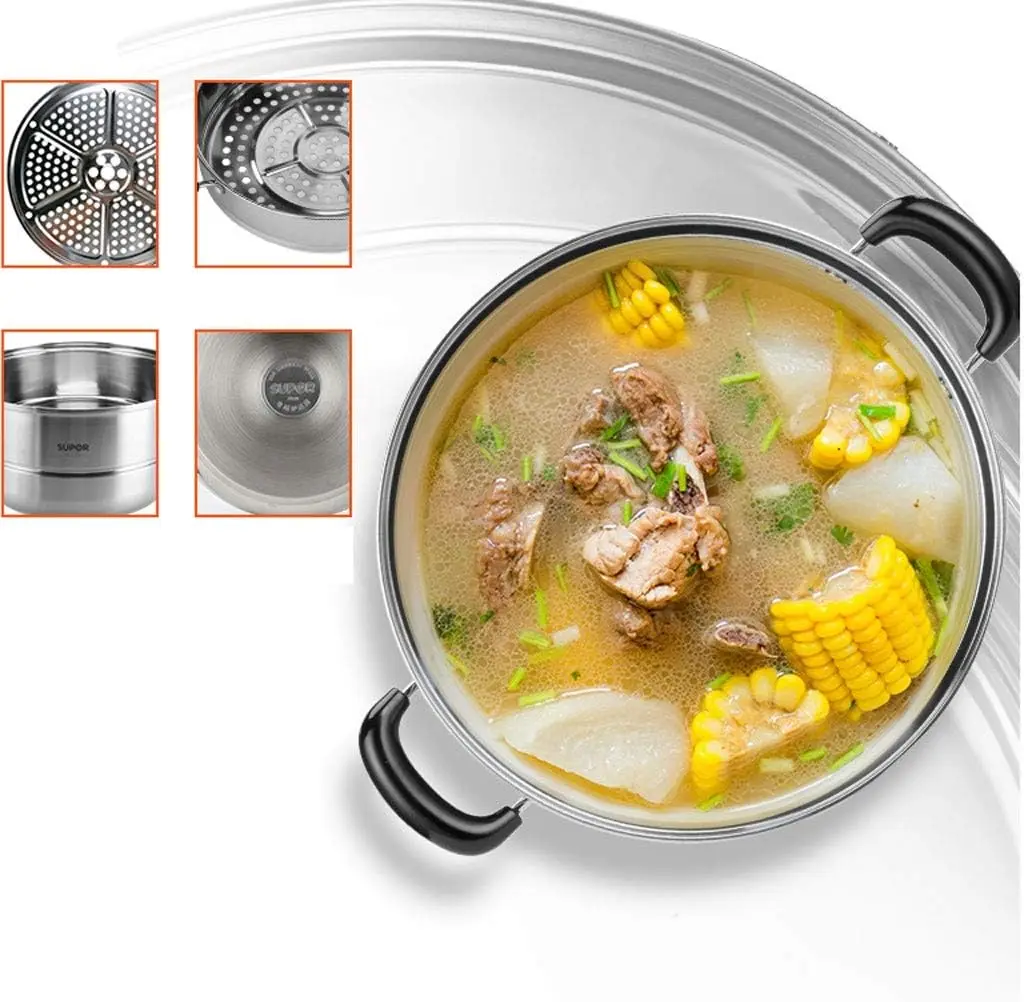 Stainless Steel Double-Layer Three-Layer Steamer Tempered Glass Cover Mirror Polished Diameter 26CM